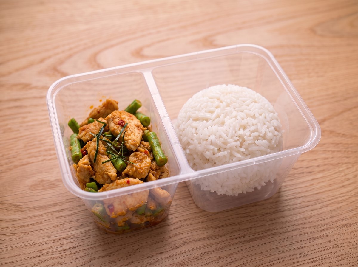 ข้าว ผัดพริกแกงไก่/หมู ในกล่องข้าวสองช่อง