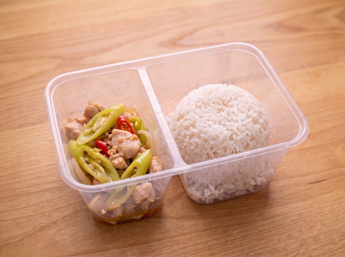 ข้าว ผัดพริกหยวกไก่/หมู ในกล่องข้าวสองช่อง