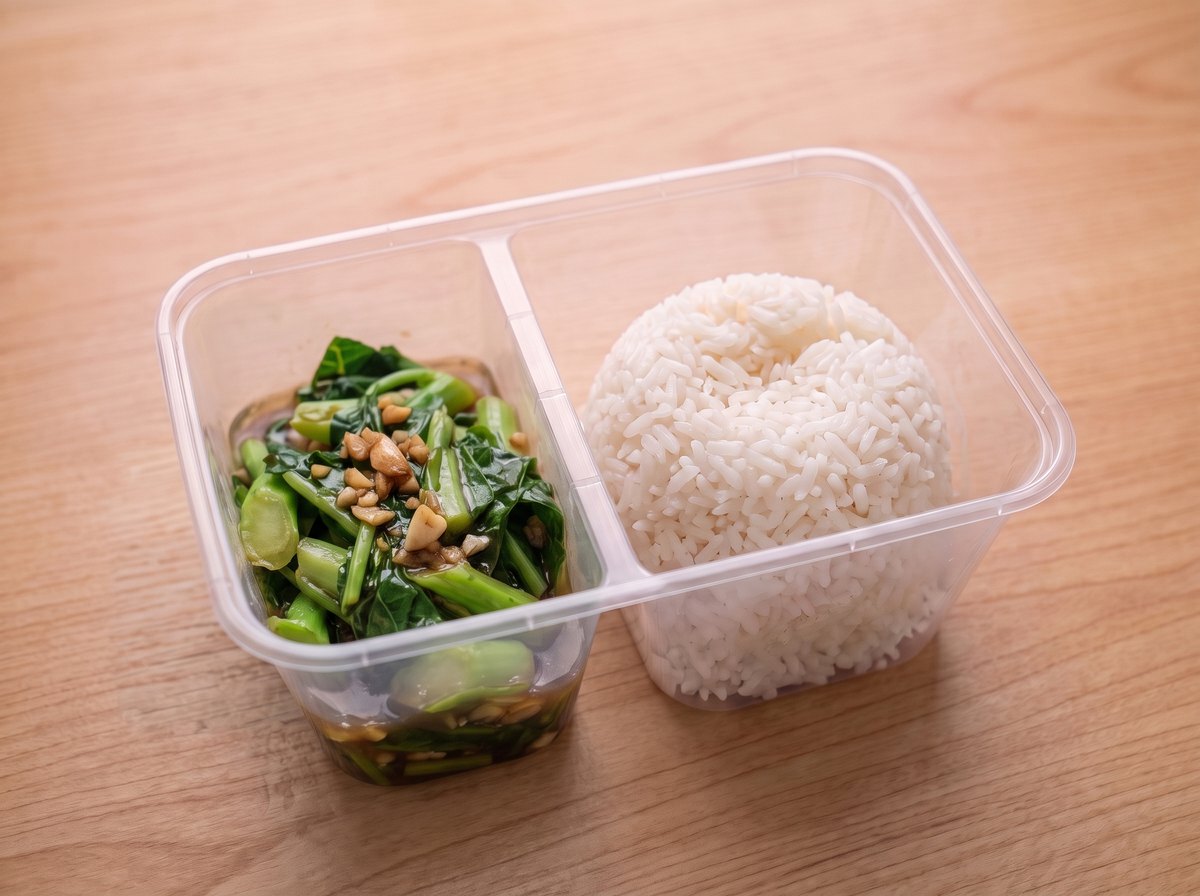 ข้าว แขนงน้ำมันหอย ในกล่องข้าวสองช่อง