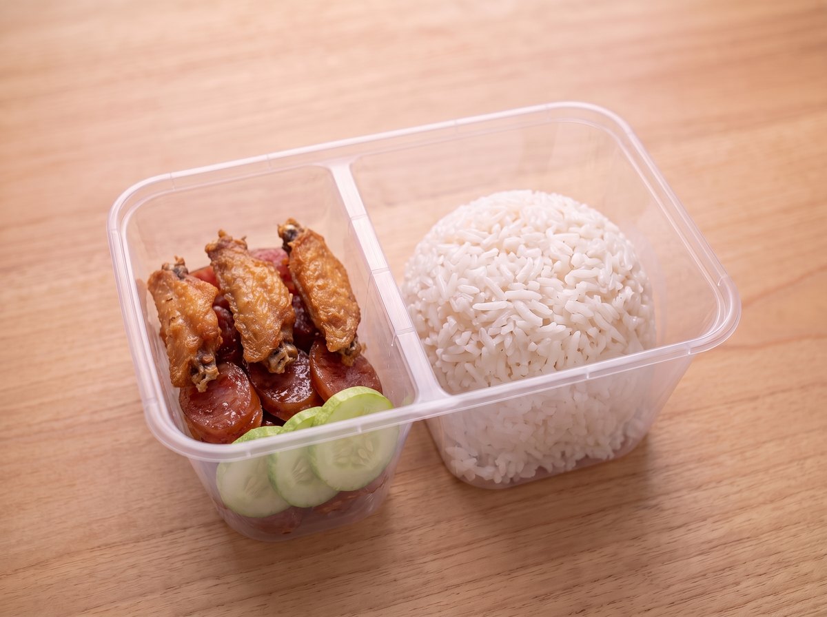 ข้าวกุนเชียงกับปีกไก่ทอด ในกล่องข้าวสองช่อง