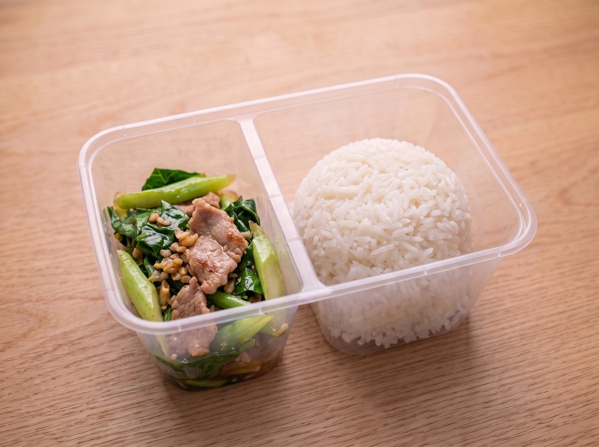 ข้าว คะน้าหมูชิ้น ในกล่องข้าวสองช่อง