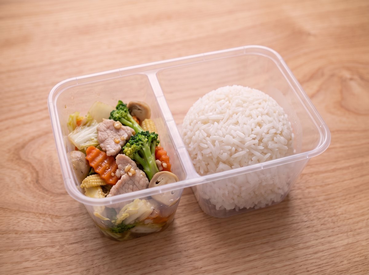 ข้าว ผัดผักรวมไก่/หมู ในกล่องข้าวสองช่อง