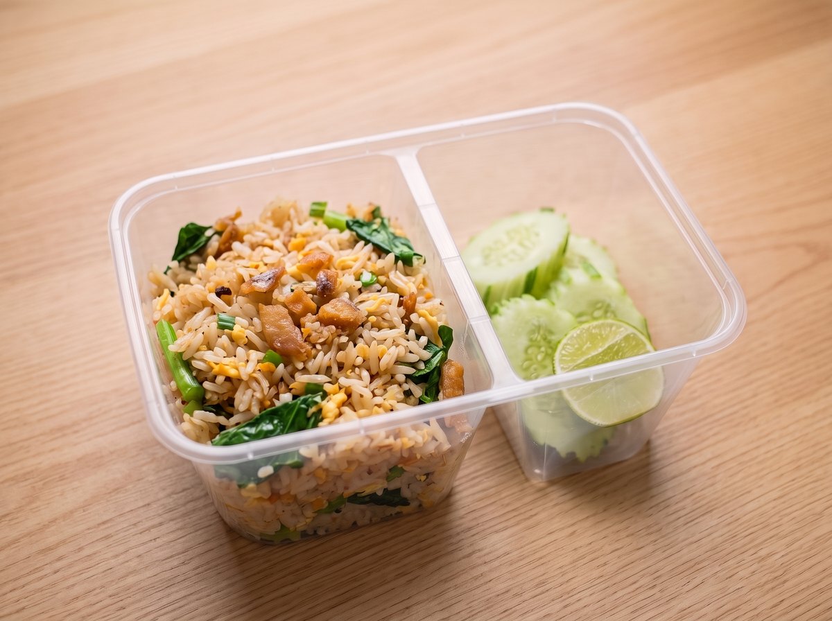 ข้าวผัดปลาเค็ม ในกล่องข้าวสองช่อง