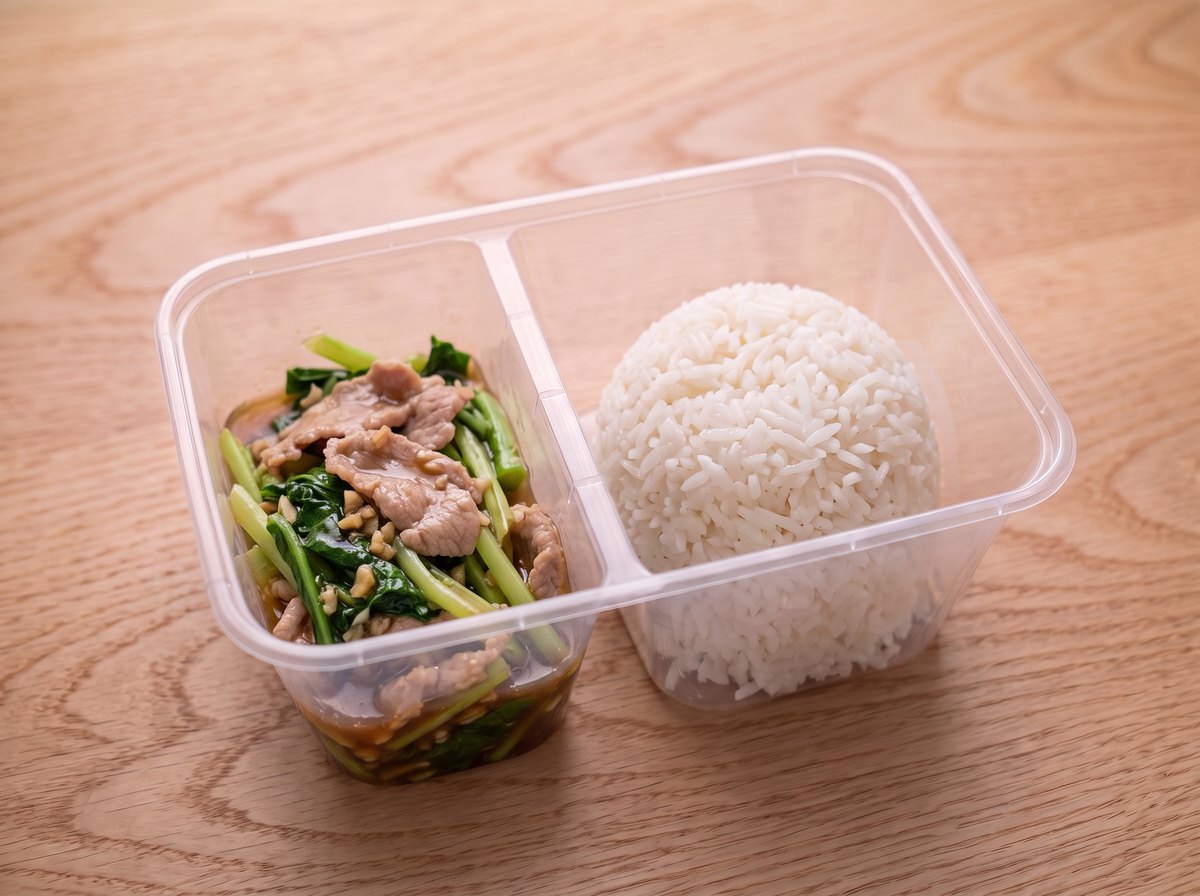 ข้าว แขนงหมูน้ำมันหอย ในกล่องข้าวสองช่อง