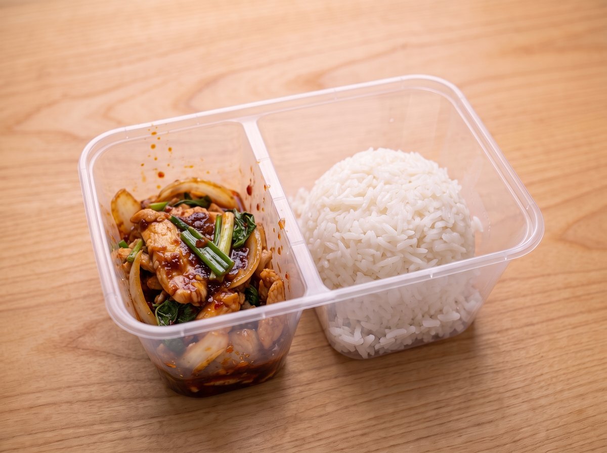 ข้าว ไก่ผัดพริกเผา ในกล่องข้าวสองช่อง