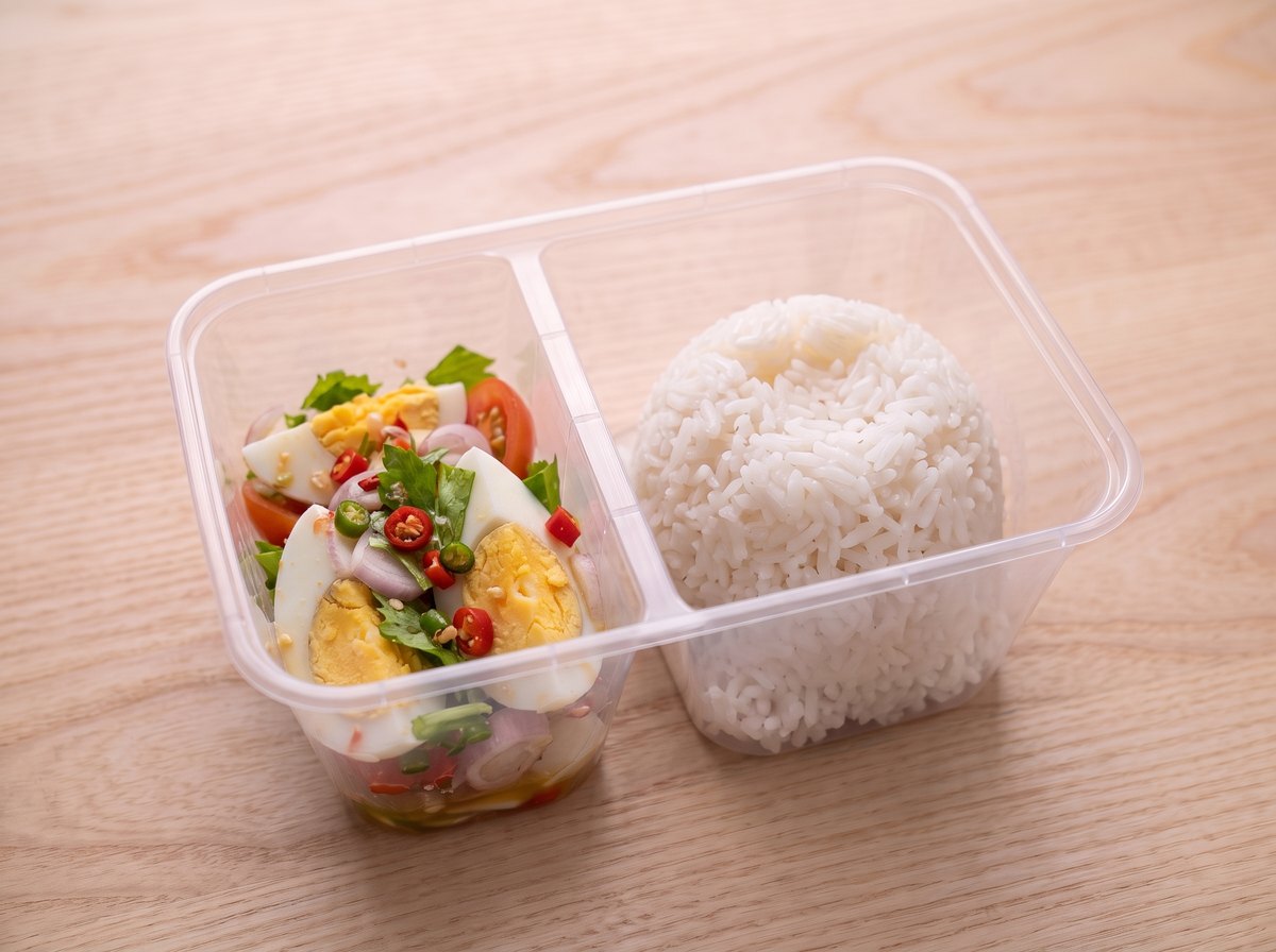 ข้าว ยำไข่ต้ม ในกล่องข้าวสองช่อง