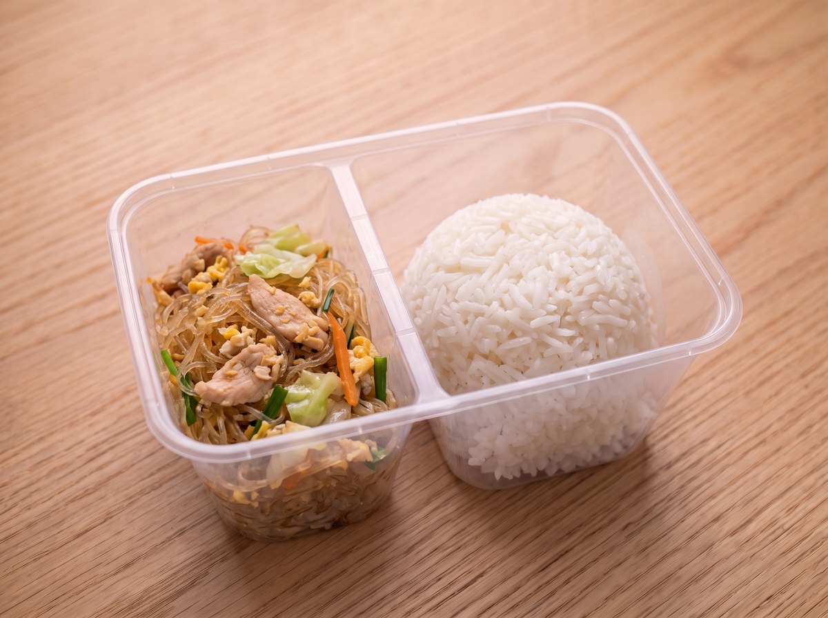 ข้าว ผัดวุ้นเส้นไก่/หมู ในกล่องข้าวสองช่อง