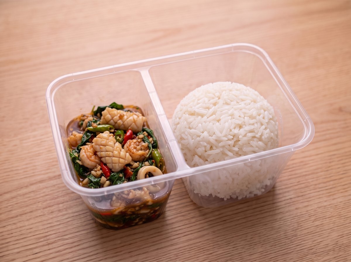 ข้าว กะเพราทะเล ในกล่องข้าวสองช่อง