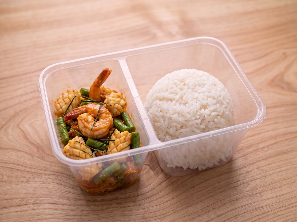 ข้าว ผัดพริกแกงทะเล ในกล่องข้าวสองช่อง