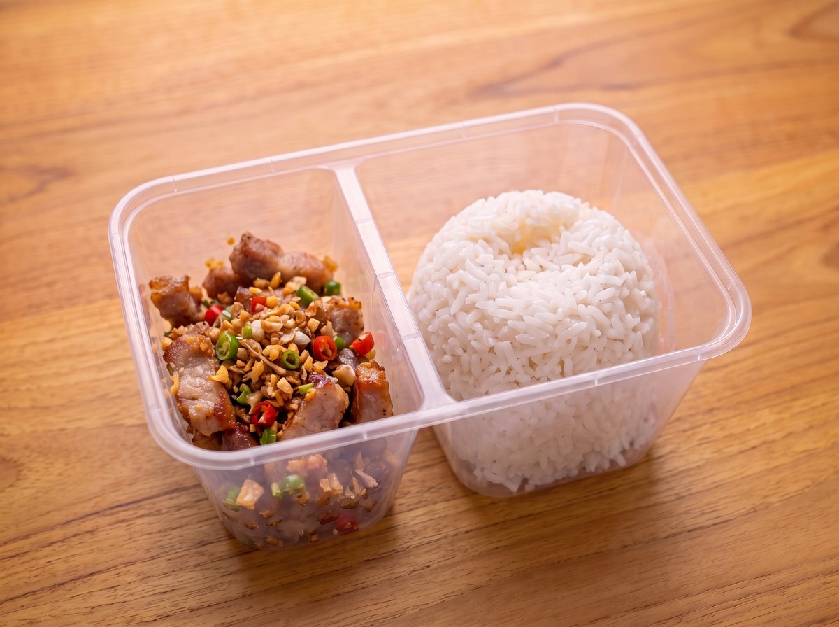 ข้าว สันคอคั่วพริกเกลือ ในกล่องข้าวสองช่อง