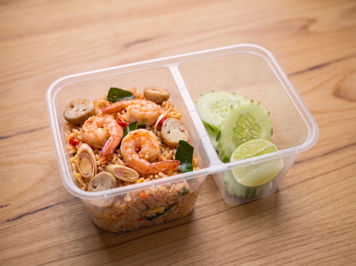 ข้าวผัดต้มยำกุ้ง ในกล่องข้าวสองช่อง