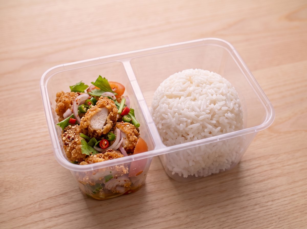 ข้าวยำไก่แซ่บ ในกล่องข้าวสองช่อง