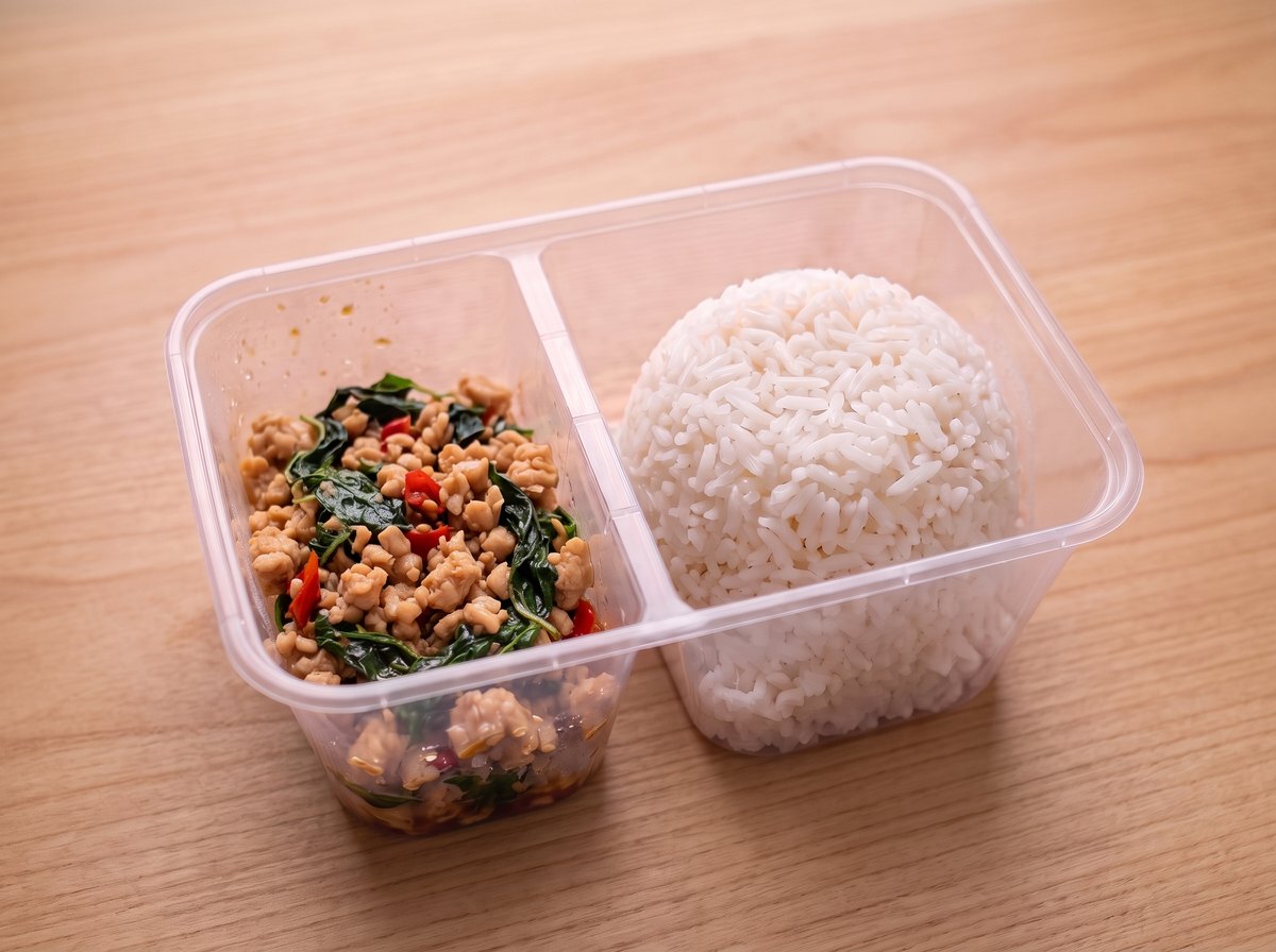 ข้าวกะเพราโปรตีน ในกล่องข้าวสองช่อง