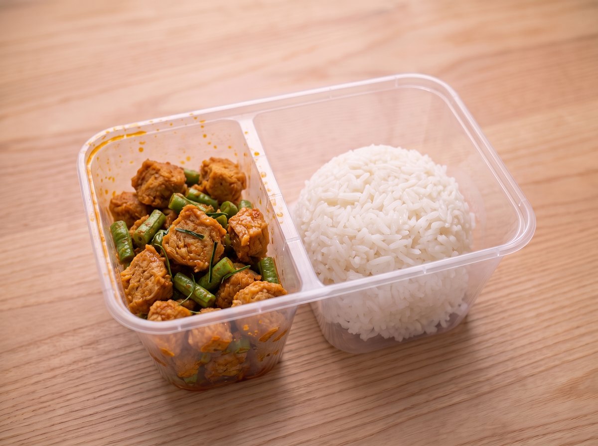 ข้าว โปรตีนผัดพริกแกง ในกล่องข้าวสองช่อง