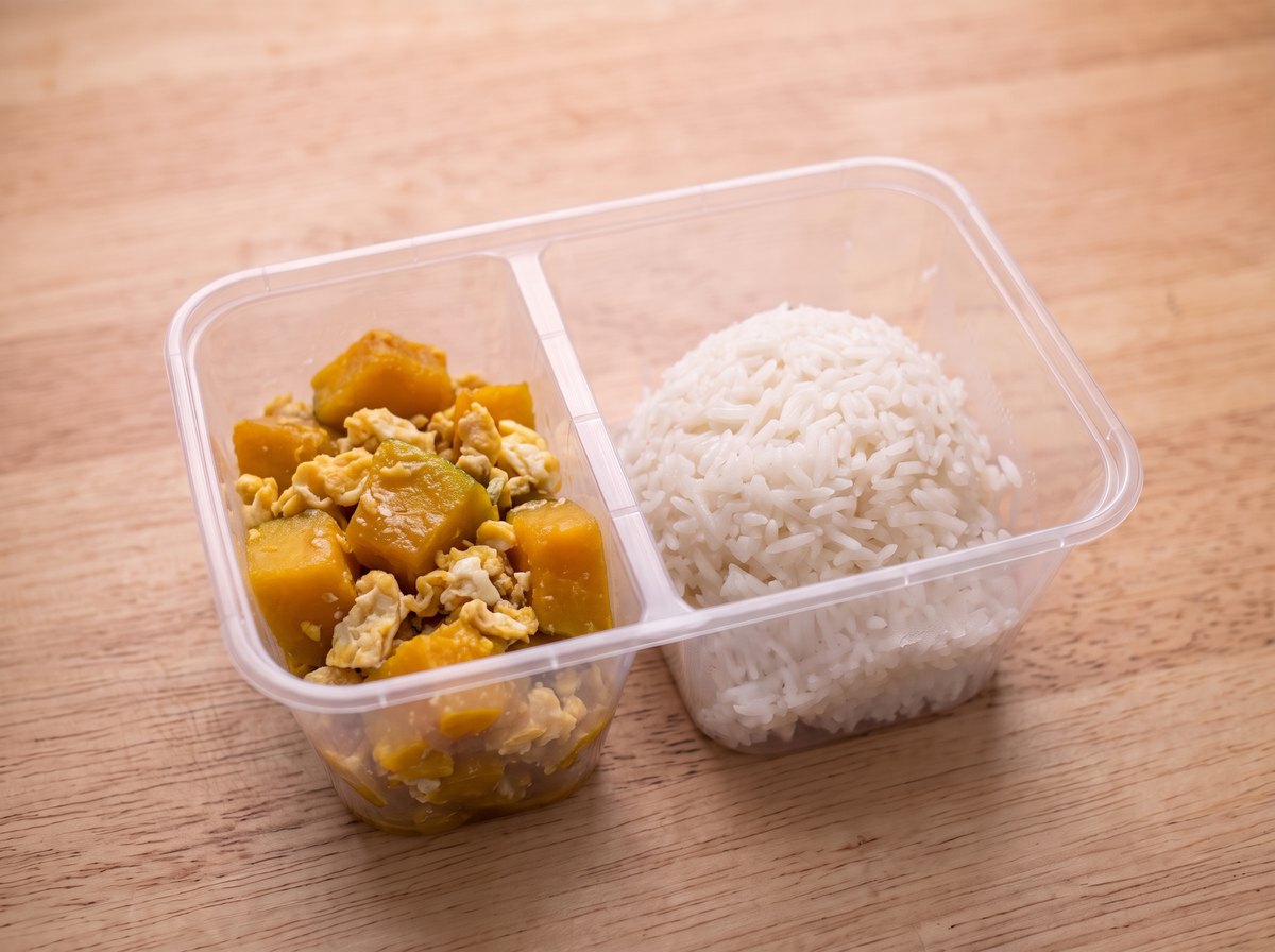 ข้าว ผัดฟักทอง ในกล่องข้าวสองช่อง