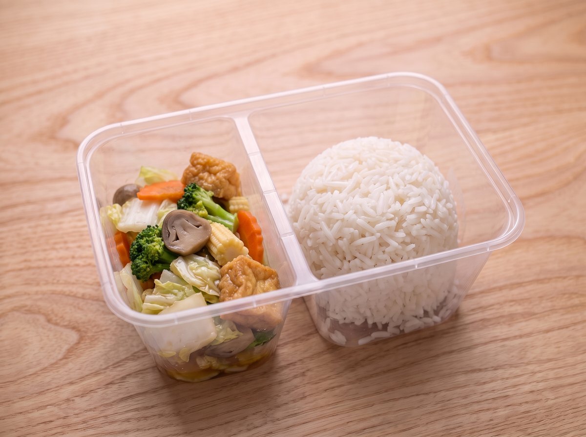 ข้าวกับผัดผักรวมมิตรใส่เต้าหู้ ในกล่องข้าวสองช่อง