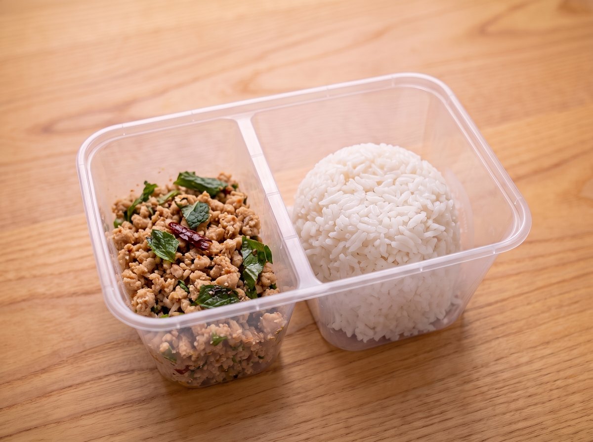 ข้าวลาบ โปรตีน ในกล่องข้าวสองช่อง
